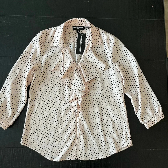 Karl Lagerfeld Pink Black Polka Dot Ruffle Sleeve Blouse - Picture 7 of 7